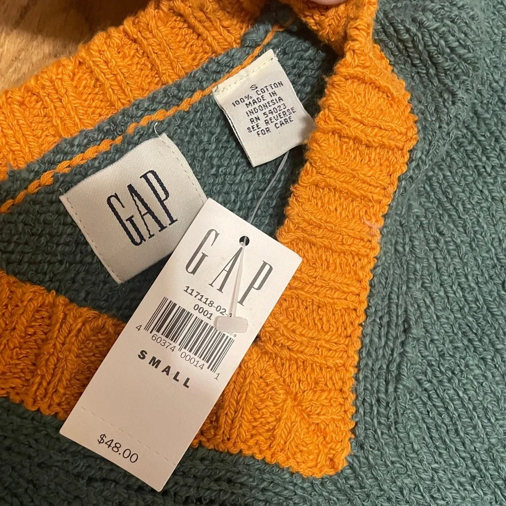 VTG Gap Men's S Tennis Preppy Shaker Knit V-Neck Sweater Green Orange Cotton NWT